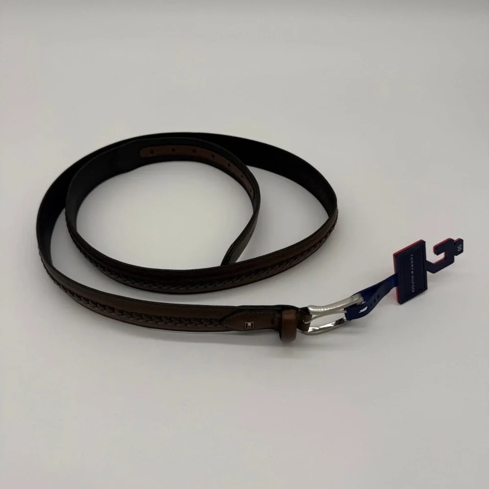 Tommy Hilfiger Mens Brown Braided Leather Belt Silver‎ Buckle Size 50 NWT